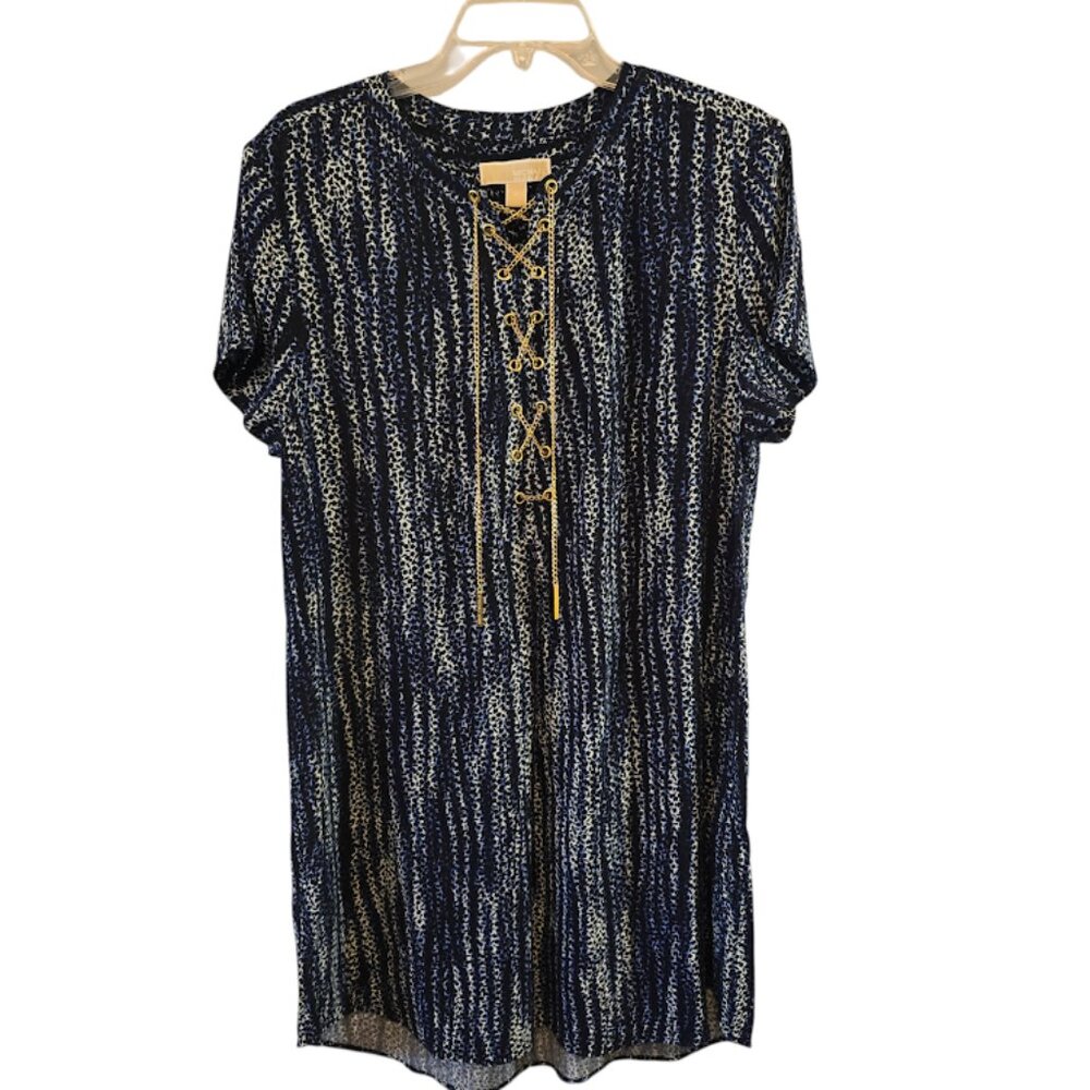 MICHAEL KORS NAVY BLUE LEOPARD PRINT DRESS SIZE XL GOLD CHAIN DETAIL